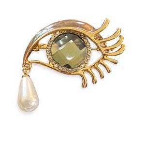 Eye Brooch Gold Tone Rhinestone Crystal Faux Pearl Drop Pin Statement Jewelry